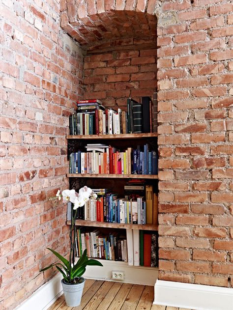 . Wall Books, Design Shelves, Shelves Floating, Wit And Delight, Brick Decor, A Brick Wall, Home Library Design, Home Libraries, Exposed Brick