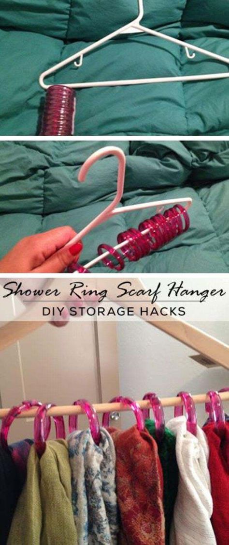 Easy One Hanger Scarf Rack #dollarstore #storage #organization #decorhomeideas Closet Organisation, Storage Hacks Diy, Toilette Design, Scarf Storage, Closet Diy, Small Closet Space, Diy Organizer, Closet Hacks, Scarf Hanger