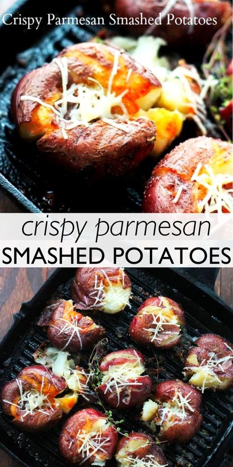 Crispy Parmesan Smashed Potatoes are crispy on the outside, but soft and tender on the inside. It’s the perfect side for any dinner. Cheesy Potato Side Dishes, Parmesan Smashed Potatoes, Smashed Red Potatoes, Potato Side Dishes Easy, Potato Side Dish, Crispy Smashed Potatoes, Cheesy Potato, Favorite Recipes Dinner, Smashed Potatoes