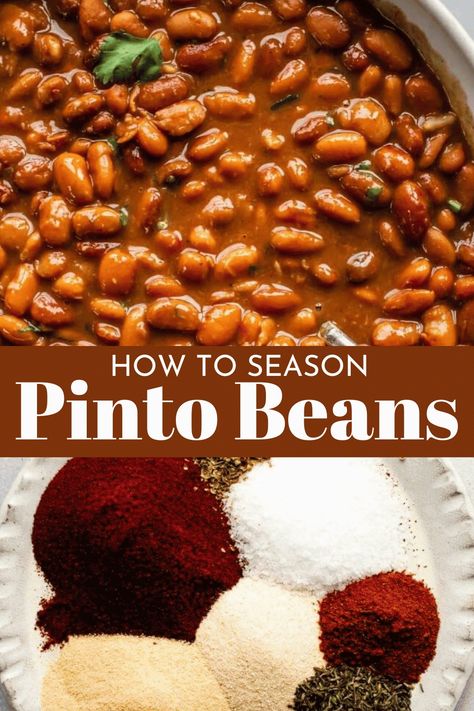 Pinto beans are a versatile and affordable legume that can be enjoyed in a variety of dishes. But if you're looking to take your pinto beans to the next level, it's important to season them properly. Learn all about how to season pinto beans for maximum flavor! Pinto Beans Recipe Stovetop, Puerto Rican Pinto Beans Recipe, Goya Pink Beans Recipe, Cafe Rio Pinto Beans Recipe, Vegetarian Pinto Beans, How To Season Beans, Best Pinto Beans In The Crock Pot, Pinto Bean Seasoning Recipes, How To Cook Pinto Beans In A Crockpot