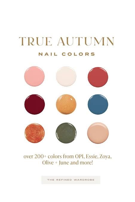 Soft Autumn Nails Color Palettes, Deep Autumn Color Palette Nails, True Autumn Nail Color, Warm Autumn Nail Color, Warm Autumn Color Palette Nails, True Autumn Nails, Warm Autumn Nails, True Autumn Lipstick, Soft Autumn Nail Colors