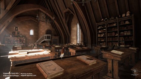 Hogwarts Classroom Aesthetic, Hogwarts Student Aesthetic, Wizard Classroom, Classroom Harry Potter, Dark Arts Classroom, 3d Game Environment, Magic Classroom, Hp Shifting, Hogwarts Classroom