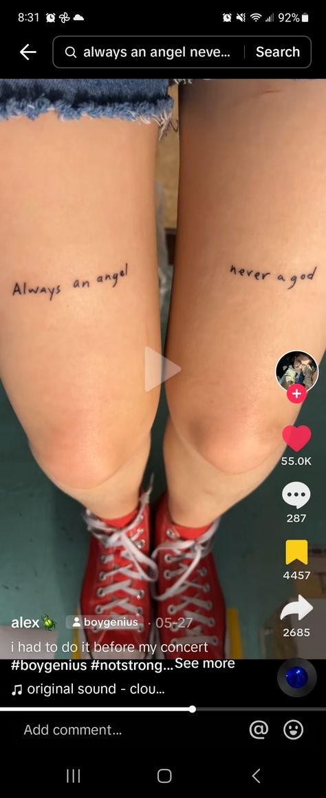 Always An Angel Never A God Tattoo Boygenius, Boy Genius Tattoo, Always An Angel Never A God Tattoo, Body Distortion, Tooth Tattoo, God Tattoo, Lyrics Tattoo, G Tattoo, Lyric Tattoos