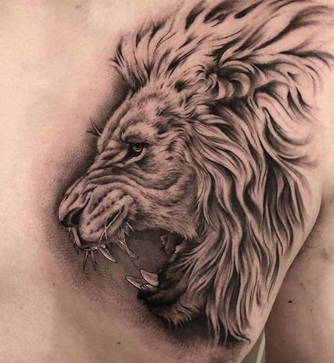 Lion Chest Tattoo, Rose Chest Tattoo, Full Chest Tattoos, Big Cat Tattoo, Tattoo Artist Tattoo, Lion Tattoo Sleeves, Realistic Tattoo Sleeve, Lion Head Tattoos, Tiger Tattoo Design