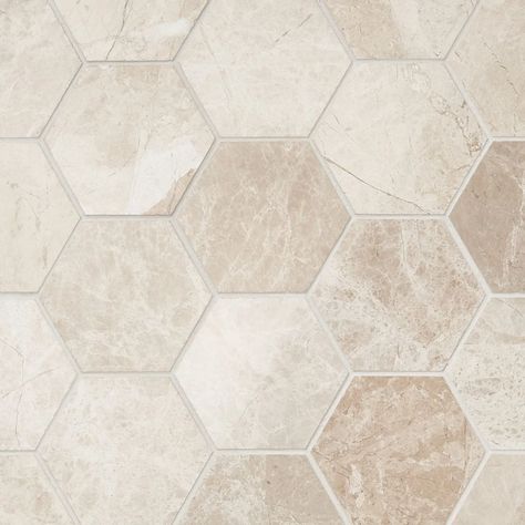 Cream Misto 3 Polished Marble Hexagon Mosaic | Tilebar.com Octagon Tile Floor, Beige Tile Bathroom, Cream Backsplash, Cream Tiles, Tile Kitchen Floor, Hexagon Marble Tile, Stone Tile Bathroom, Tile Bathroom Floor, Cream Tile