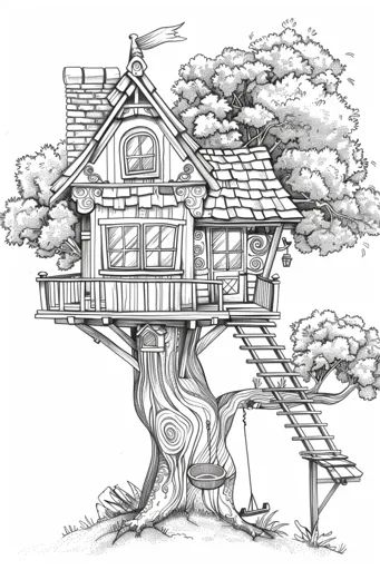 ↑↑↑ Larger size on website 🔸 The image shows a detailed line drawing of a treehouse built into a large tree. The treehouse has a  🔸 From Midjourney AI Image House In Tree Drawing, Forest House Drawing, Treehouse Drawing, Tree House Art, Dnd House, Art Brainstorm, Swing Drawing, Tree House Drawing, Fancy Tree