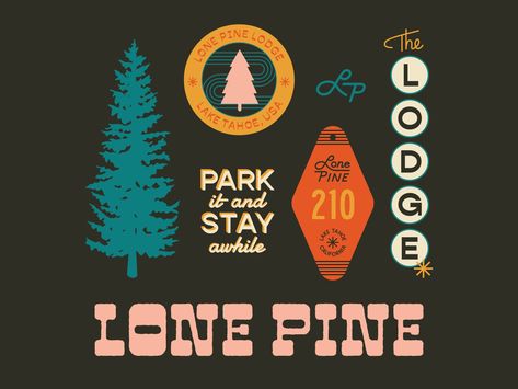 Lone Pine Lodge Outdoors Graphic Design, Camping Graphic Design, Hiking Graphic Design, Camp Logo Vintage, Campground Logo Design, Nature Logos, Camp Design, Camp Brand, Nature Party