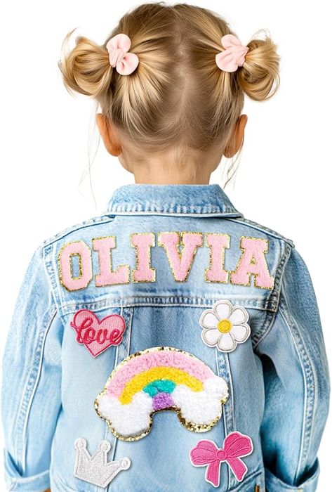 Made from quality cotton initiative fibers, this toddler jean jacket offers durability and softness. The fabric remains comfortable, fade-resistant, and wrinkle-free even after multiple washes, ensuring it looks great over time. Denim Patch Jacket, Room Craft Ideas, Jean Jacket Patches, Kids Denim Jacket, Diy Denim Jacket, Painted Clothes Diy, Jean Jacket For Girls, Painting On Clothes, Patch Jacket