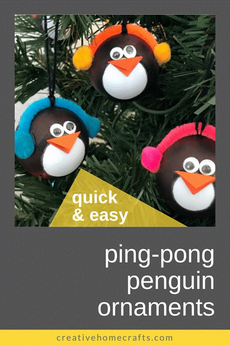 DIY this quick & easy penguin ornament for your Christmas tree with a ping pong ball and a Sharpie. No painting required! Crafts With Ping Pong Balls, Christmas Bulb Ornaments Diy Kids, Ping Pong Ball Snowman Ornament, Penguin Tree Christmas, Ping Pong Crafts, Penguin Ornaments For Kids To Make, Diy Animal Christmas Ornaments, Ping Pong Ball Ornaments, Christmas Balls Crafts