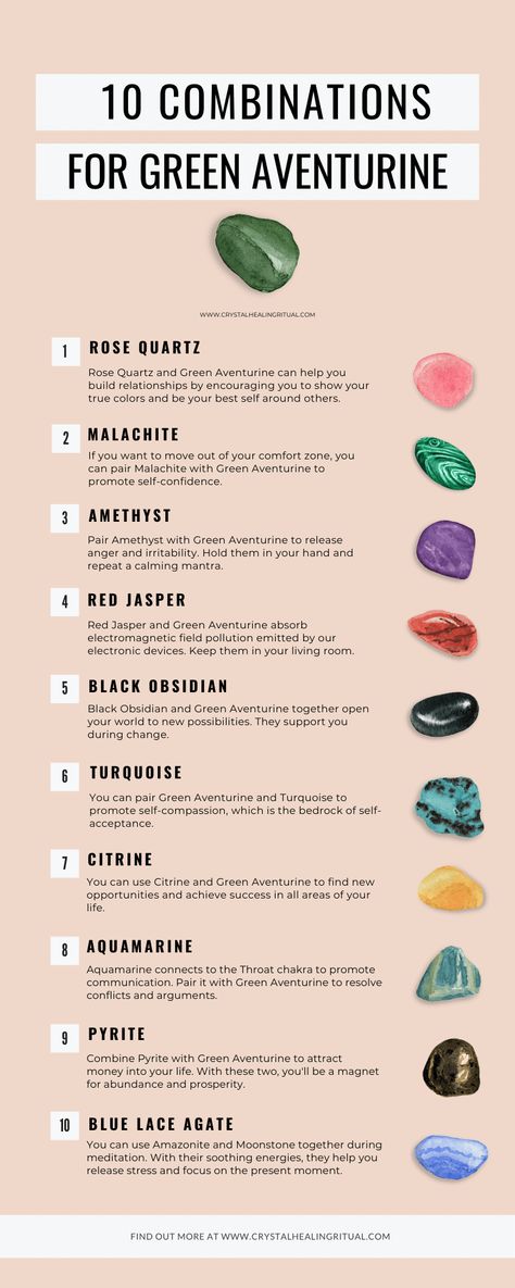 10 Combinations For Amethyst, Crystals For March, Malachite Crystal Combinations, Light Green Crystal Identification, Green Crystals Meaning, Good Crystal Combinations, Green Aventurine Properties, Blue Aventurine Crystal Meaning, Crystal Combinations For Love