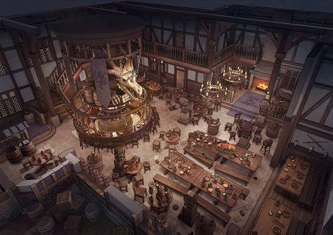 Fantasy Tavern Interior Design, Dnd Inn Art, Medieval Inn Concept Art, Fantasy Gambling Den, Medieval Inn Interior, Fantasy Inn Concept Art, Belgariad Art, Fantasy Tavern Interiors, Fantasy Inn Interior