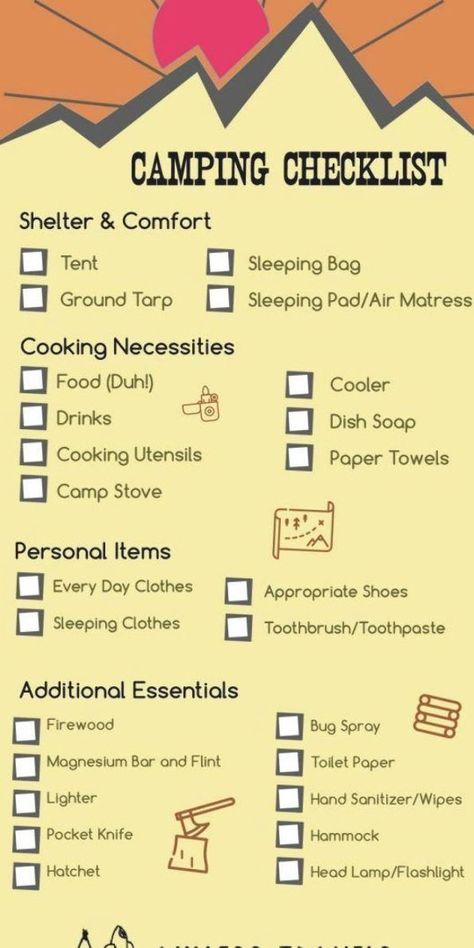 Camping Checklist Essentials | The Necessities You Need When Camping | Shelter, Cooking, Personal Items, & Misc. Camping Themed Party Food, Minimalist Camping Gear, Camping Essentials For Women, Party Planning List, Summer Program Ideas, Camping Trip Checklist, Camping Food Hacks, Camping Lists, Wilderness Therapy