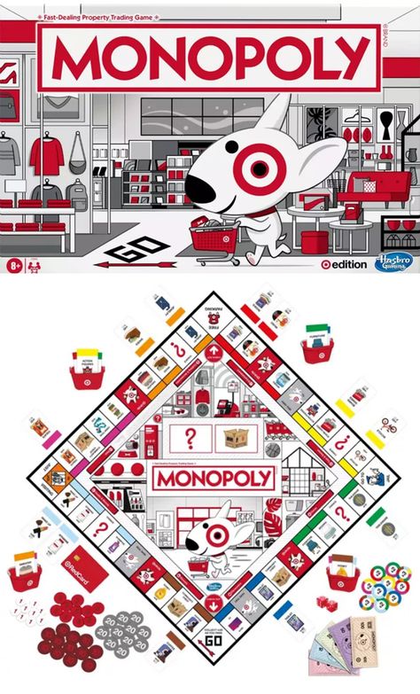 In the 2021 Monopoly: Target Edition game, players browse for Items instead of buying properties. It's about how much one can save in this Target-themed family board game. Players get to explore their happy place with a Target-themed Monopoly token. Choose Target's mascot Bullseye Dog, a shopping bag, a coffee cup, or a shopping cart. Monopoly Board Design, Monopoly Game Pieces Printable, Monopoly Graphic Design, Monopoly Game Board, Monopoly Game Pieces, Family Board Game, Monopoly Board, Monopoly Game, Board Game Design