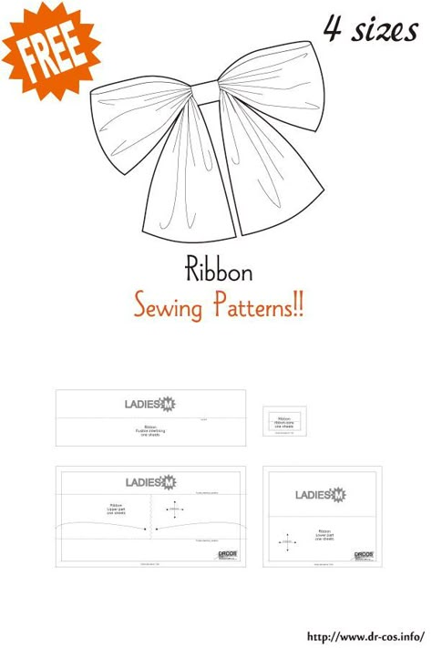 Ribbon Dress Pattern, How To Sew A Ribbon, Hair Ribbon Sewing Pattern, Neck Sewing Pattern, Ribbon Sewing, Ribbon Pattern Design, Sewing Ribbon On Fabric, Fabric Bow Pattern, Bow Sewing Pattern Free