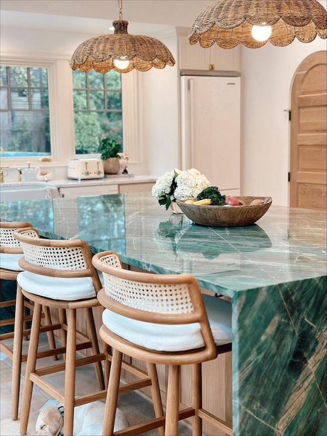 A Dreamy Kitchen Remodel with Woven Textures and Statement Stone - Becki Owens Blog Big Kitchen Island Decor, Unique Granite Countertops, Colorful Kitchen Countertops, Statement Countertops, Colorful Kitchen Island, Coastal Dining Room Lighting, Green Marble Kitchen, Dining Room Light Fixtures Modern, Room Ideas Coastal