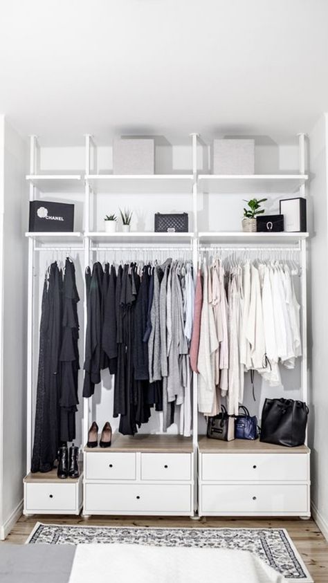 Because nobody wants to sleep next to a giant clothes monster, so here we have some ideas to keep your open closet organized. #closet #storage Ikea Closet Design, Elvarli Ikea, Ikea Closets, Ikea Closet Hack, Ikea Closet Organizer, Ikea Closet, Closet Hacks, Open Wardrobe, No Closet Solutions