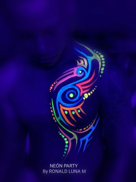 Glow Paint Makeup Ideas, Glow Body Painting, Uv Face Paint Men, Glow Party Body Art, Black Light Body Painting, Uv Body Painting Ideas, Glow In The Dark Body Painting, Black Light Face Paint, Colorful Body Painting