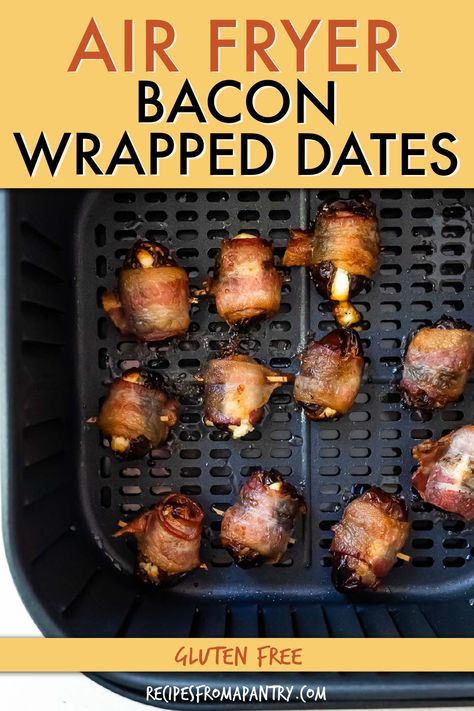 This Bacon Wrapped Dates Air Fryer appetizer recipe is perfect for holiday entertaining or any occasion. Learn how quick and easy it is to make delicious air fryer bacon wrapped dates with just 3 ingredients, and 10 minutes of cook time. Elegant goat cheese stuffed dates wrapped up in crispy bacon turn out perfectly cooked, and are sure to be a hit on Thanksgiving, Christmas, New Years Eve, and more. Click through to get the awesome Air Fryer Bacon Wrapped Dates recipe!! #airfryer #appetizers Snack Substitutes, Lunch Recipes Air Fryer, Pantry Staple Meals, Healthy Air Fryer Dinner, Goat Cheese Stuffed Dates, Easy Air Fryer Recipes Healthy, Air Fryer Lunch Recipes, Dinner Recipes For A Crowd, Air Fryer Dinner Ideas