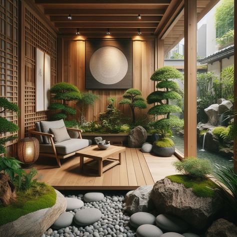 Asian Patio Ideas, Asian Backyard Landscaping, Zen Garden Small Backyard, Beautiful Corners In The House, Tranquil Outdoor Spaces, Home Japanese Garden, Japanese Outdoor Decor, Japanese Tea Garden Backyard, Japanese Zen Garden Design