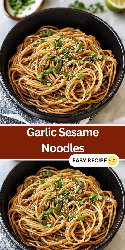 Discover the ultimate comfort food with these Garlic Sesame Noodles. This simple yet flavorful recipe features tender brown rice noodles tossed in a rich, savory sauce made with garlic, toasted sesame oil, and tahini. Perfect for a quick weeknight dinner or a satisfying lunch, these noodles are a delicious blend of tangy, sweet, and umami flavors. Easy to prepare and customizable with your favorite garnishes, this dish is sure to become a new favorite in your meal rotation. Brown Rice Noodle Recipes Healthy, Simple Rice Noodle Recipes, Brown Rice Noodle Recipes, Sesame Oil Noodles, Spicy Noodle Recipes, Rice Noodle Dishes, Garlic Sesame Noodles, Cold Noodles Recipes, Brown Rice Noodles