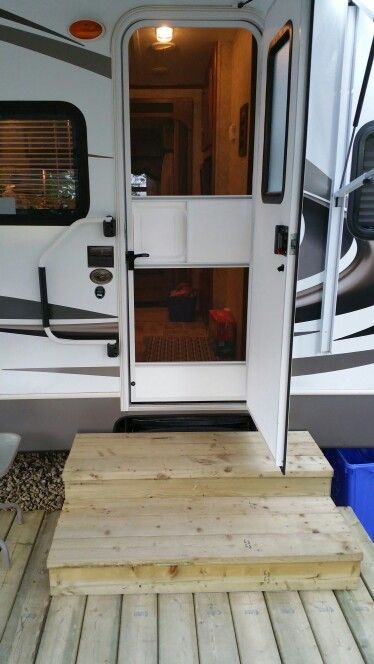 Rv Patio Ideas, Camper Decks, Rv Decks, Seasonal Campsite, Camper Deck, Portable Deck, Campsite Decorating, Camper Steps, Rv Deck