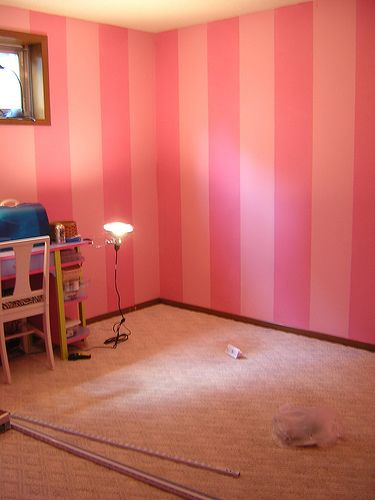 For the girls' room... blush and bashful :) haha... my SIL had pink stripes in her youngest girl's bedroom but they were lighter shades of pink, which is what I'd prefer. This is the general idea though :) Victoria Secret Bedroom, Pink Striped Walls, Secret Walls, Paris Rooms, Paris Bedroom, Striped Room, Striped Walls, Princess Room, Girly Room