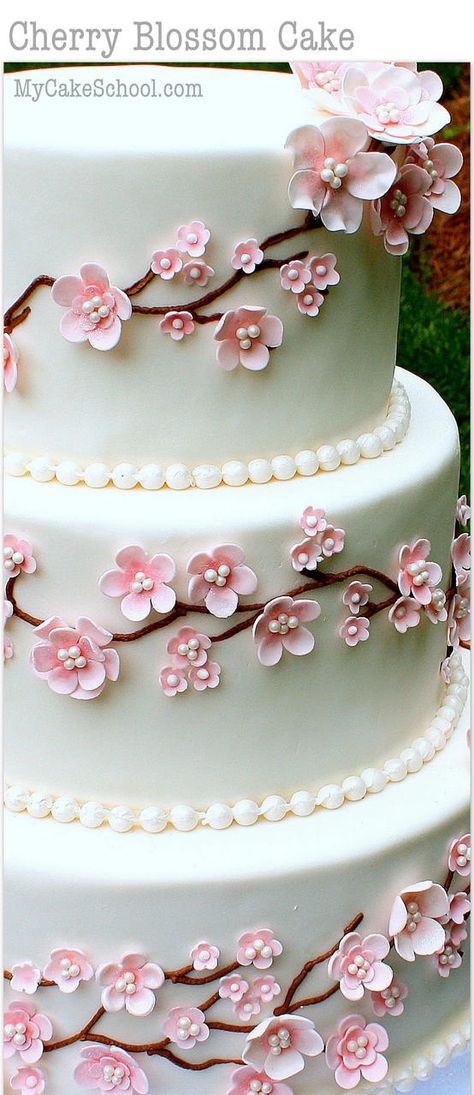 Elegant Cherry Blossom Cake Tutorial! Member Cake Decorating Video Tutorial by MyCakeSchool.com - Online Cake Decorating Tutorials, Videos, & Recipes!                                                                                                                                                      More Cake Design Tutorial, Torte Creative, Cherry Blossom Cake, Blossom Cake, Patisserie Fine, Torte Cupcake, Decorating Videos, Fondant Flowers, Cake Decorating Videos