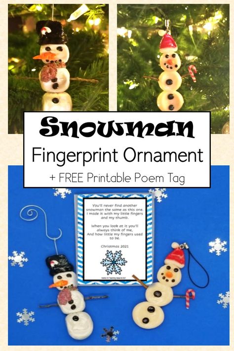 There are 2 fingerprint snowmen shown on a tree.  The same two snowmen are shown at the bottom as well beside a printable poem that is also included. Christmas Stem Activities, Snowman Crafts Diy, Winter Activities For Kids, Free Printable Gifts, Snowman Gifts, Christmas Activities For Kids, Snowman Ornament, Creative Arts And Crafts, Easy Christmas Crafts