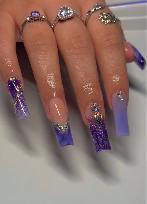 Purple Nails With Gems Rhinestones, Dark Purple Nails For Prom, Dark Purple And Silver Nails Acrylic, Dark Purple Y2k Nails, Purple Prom Nails Acrylics, Purple Nails Prom, Dark Purple Prom Nails, Dark Purple Nails Acrylic, Purple Nail Inspo Acrylic