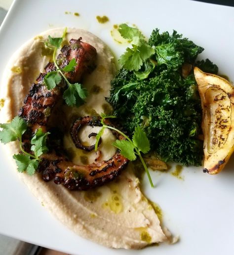 Charred Mediterranean Octopus with Cilantro Chimichurri – La Bella Vita Charred Octopus Recipe, Cilantro Chimichurri, Octopus Recipes, Grilled Lemon, Grilled Oysters, Garlic Hummus, Garlic Puree, Grilled Octopus, Yummy Seafood