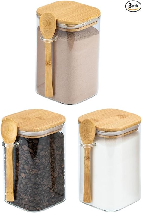 Amazon.com: Set of 3 Square Glass Food Storage Containers With Bamboo Lids & Spoons – Decorative Airtight 40 Ounce Borosilicate Glass Food Storage Jars for Coffee, Tea, Sugar, Flour, Candy, Bath Salts & More: Home & Kitchen Oatmeal In A Jar, Glass Kitchen Canisters, Square Glass Jars, Kitchen Appliances Design, Sugar Storage, Sugar Container, Appliances Design, Kitchen Tool Set, Glass Spice Jars