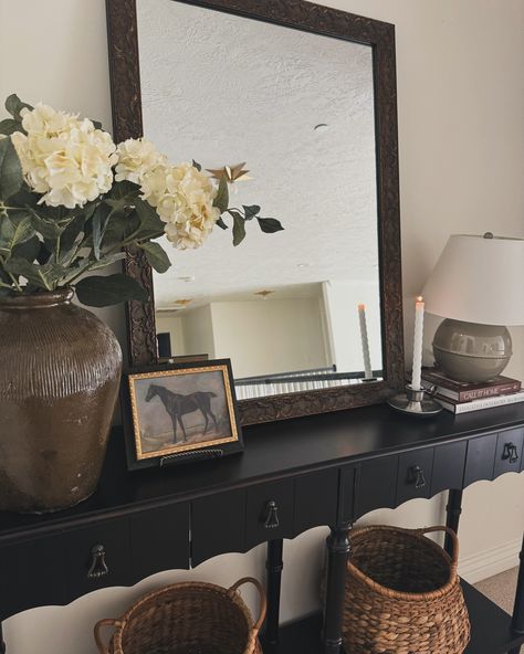 A moody day here in Utah calls for a moody console table view 🤎 This upstairs table is one of my favorites to style! Console table| console styling | neutral styling | 🤎 Comment SHOP to get this space spent to your inbox Console Table In Front Of Window, Console Table Under Window, Table Under Window, Table In Front Of Window, Style Console Table, Console Styling, Back Room, Country Interior, Table Console