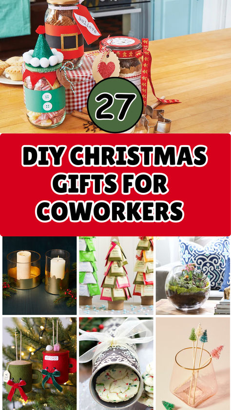 A cheerful image displaying DIY Christmas gift ideas for coworkers! Featuring creative homemade jars, cozy candles, tea bag trees, festive ornaments, and sweet holiday treats—perfect for spreading holiday joy in the workplace. Christmas Craft Gift Ideas For Coworkers, Handmade Coworker Christmas Gift Ideas, Candy Gift For Coworkers, Handmade Christmas Gifts For Coworkers, Diy Christmas Office Gifts, Gifts For A Group Of Coworkers, Diy Gift For Coworkers Christmas, Co Workers Christmas Gift Ideas Diy, Office Gifts For Women