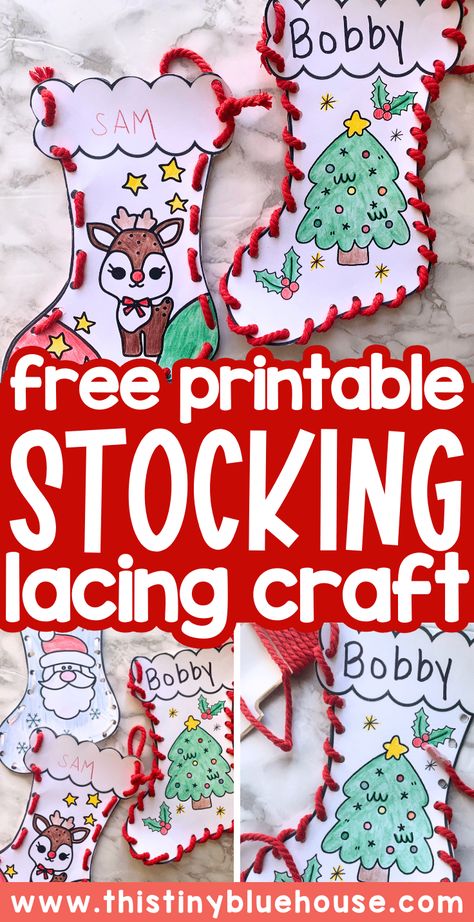 This free printable stocking lacing craft is lots of fun for kids in preschool up to grade 3 or 4. Children have lots of fun coloring in their own stocking template and then using yarn or ribbon to lace their stocking together. A fun Christmas craft idea for kids, this easy Christmas activity works on fine motor skills and hand-eye coordination. Head over to our blog today to snag your free printable Christmas stocking templates. Paper Stocking Decorating Ideas For Kids, Kindergarten Classroom Christmas Craft, Stocking Craft For Toddlers, Preschool Craft Christmas, Stocking Day At School, Christmas Craft Ideas For Kindergarten, Stocking Craft Kindergarten, Christmas Crafts Stocking, Paper Stockings Craft