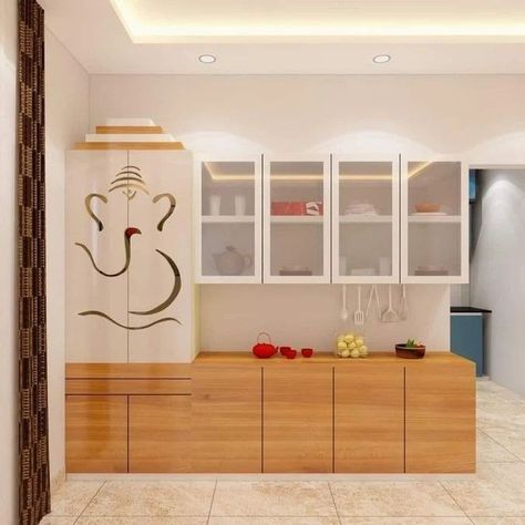 Puja Room With Crockery Unit, Kitchen And Mandir Partition, Crockery Plus Pooja Unit, Crockery Come Pooja Unit, Crockery Unit Laminate Design, Cutlery Cabinet Dining Rooms, Mandir With Cabinet, Crockery Unit With Temple Design, Crockery Cabinet With Mandir