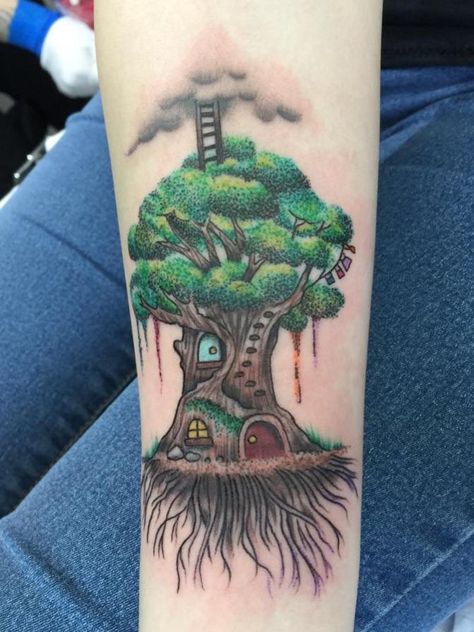 Got my first tattoo last week - the Magic Faraway Tree! (Fresh in picture) Tree House Tattoo, Book Inspired Tattoos, Magic Faraway Tree, The Magic Faraway Tree, House Tattoo, Faraway Tree, Tattoo Tree, Green Tattoos, Minimalist Tattoos