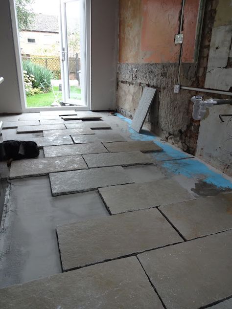 Laying a Limestone Floor on a Budget - Kezzabeth | DIY & Renovation Blog Limestone Floor Kitchen, Laying Tile Floor, Limestone Tiles Kitchen, Limestone Flooring Kitchen, Pizza Area, Limestone Bathroom Floor, Limestone Kitchen, Blue Stone Floors, Limestone Floors