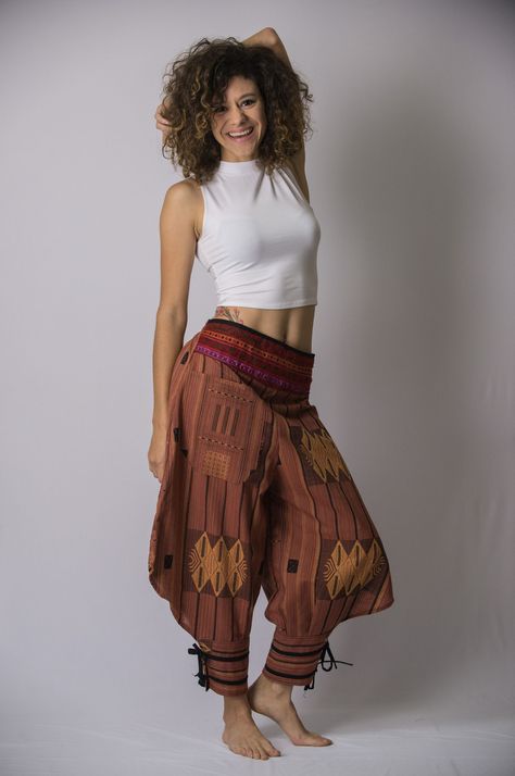 Thai Hill Harem Pants with Ankle Straps in Brick Orange Funky Pants, White Off Shoulder Top, Armor Clothing, Bohemian Pants, Black Tees, Harem Pants Women, Concept Clothing, Boho Pants, Colored Pants