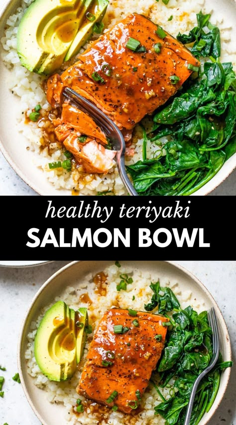 Teriyaki Cauliflower Rice, Salmon Bowl With Cauliflower Rice, Salmon With Cauliflower Rice, Cauliflower Salmon Bowl, Healthy Salmon Teriyaki Bowl, Salmon And Spinach Recipes Healthy, Salmon And Cauliflower Rice, Salmon Cauliflower Rice Bowl, Salmon Kale Bowl