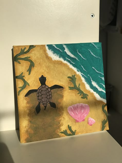 Beach Turtle Painting, Turtle On The Beach Painting, Beach Painting With Turtles, Dolphin Canvas Painting, Sea Turtle Painting Acrylic Easy, Painting Ideas Turtle, Hawaii Painting Easy, Square Canvas Painting Ideas Aesthetic, Sea Turtles Painting