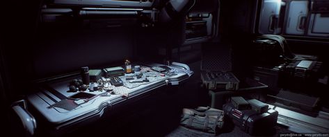 Sci-fi Armory Workbench, Gary Do on ArtStation at https://www.artstation.com/artwork/yNao3 Sci Fi Workshop, Sci Fi Building, Sci Fi Props, Spaceship Design, Game Inspiration, Hard Surface, Environment Concept Art, Desk Setup, Environmental Art