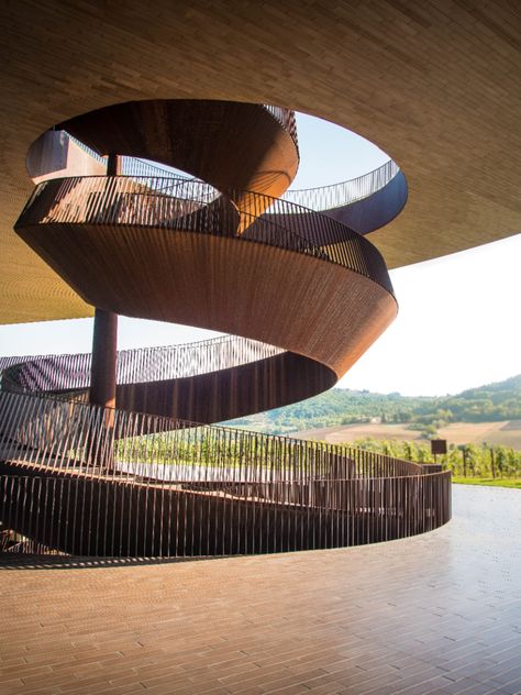 Cork Architecture, Antinori Winery, Marchesi Antinori, Shade Trellis, Winery Architecture, Winery Ideas, Hills Landscape, Dubai Hills, Circular Stairs