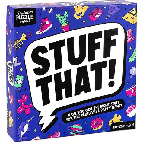 Stuff That! - a hilarious party game of creative thinking and outrageous explanations. Play as many cards as you think you can link to a category – but watch out – bid the highest and you’ll have to show everyone and convince them you’re right! Easy to learn and utterly addictive. Stuff That! is for 3-8 players ages 8 and up. Approximately 30-minute gameplay. Puzzle Crafts, Adult Party Games, Puzzle Games, The Right Stuff, Puzzle Set, Crazy Socks, All Toys, Family Game Night, Party Game