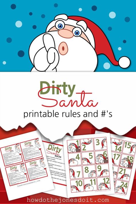 Unlike the White Elephant gift exchange, Dirty Santa gifts are usually items the recipients will want and use. Use our Dirty Santa Rules And Numbers to add an extra special touch to your Christmas Party! #DirtySanta #DirtySantaRules #DirtySantaPrintables #DirtySantaNumbers via @howdothejonesdo Dirty Santa Rules, Dirty Santa Gift Exchange, Christmas Gift Exchange Party, White Elephant Christmas, Gift Exchange Party, Christmas Gift Exchange Games, Santa Party, Elephant Christmas, Gift Exchange Games