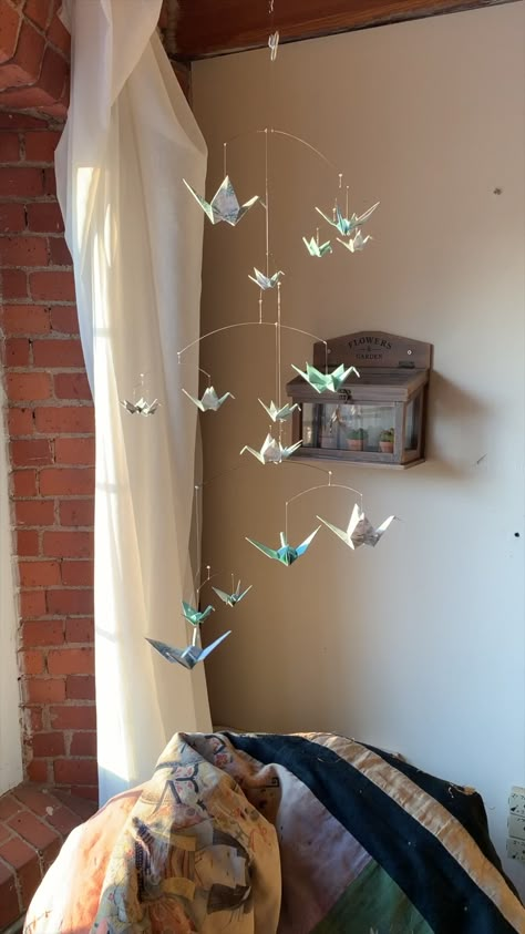 Diy Origami Home, Diy Origami Home Decor, Paper Crane Mobile, Origami Home Decor, Crane Mobile, Origami Mobile, Mobile Ideas, Baby Boy Nursery Ideas, Boy Nursery Ideas