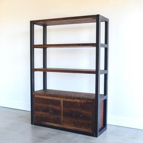 Shelves With Drawers, Industrial Wood Desk, Bookshelf With Drawers, Industrial Bookcase, Wood Shelving Units, Bookcase With Drawers, Wood Shelving, Industrial Bookshelf, Industrial Bookcases