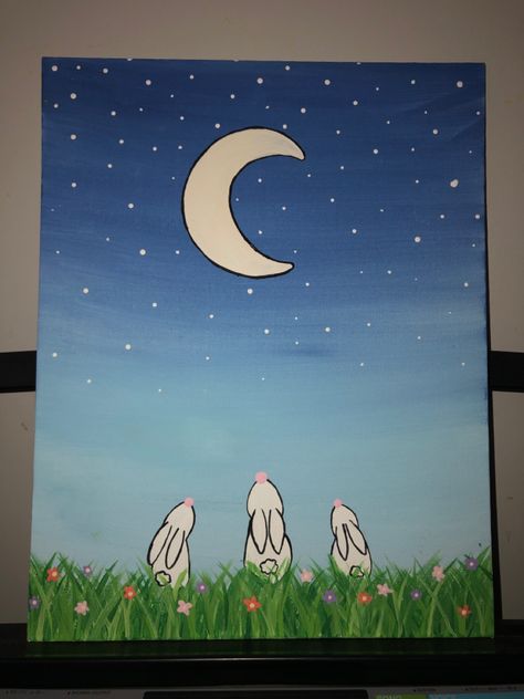 Bunny Paintings Easy, Diy Bunny Painting, Easy Easter Acrylic Painting Ideas, Easter Acrylic Painting Easy, Easy Easter Canvas Painting, Easter Art Painting Canvases, Easy Easter Paintings, Bunny Painting Easy, Easter Canvas Painting Ideas Easy Kids