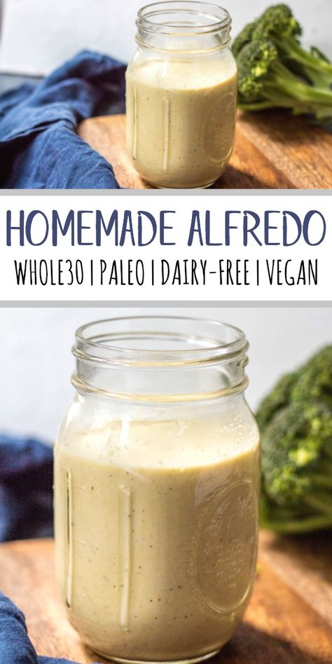 This homemade Whole30 Alfredo sauce is so thick and creamy, with a garlic and cheese-life flavor, except it's completely Paleo, vegan and dairy-free. It's cashew based, and only takes a few simple ingredients and a few minutes to whip up. This paleo alfredo sauce goes great over chicken, veggies, in casseroles and more! #whole30alfredo #dairyfreealfredo #whole30sauces #paleoalfredo #veganalfredo #whole30recipes Whole 30 Chicken Alfredo, Aip Alfredo Sauce, Alfredo Sauce Recipe Dairy Free, Homemade Dairy Free Alfredo Sauce, Paleo Alfredo Sauce, Whole 30 Alfredo Sauce, Whole30 Pasta Sauce, Whole 30 Cheese, Dairy Free Chicken Alfredo