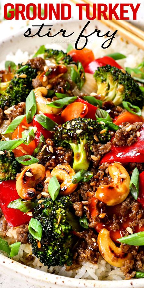 Ground Turkey Stir Fry Recipe - Carlsbad Cravings Ground Turkey Broccoli Stir Fry, Ground Turkey Lunch Recipes, Minced Turkey Recipes, Ginger Stir Fry Sauce, Ground Turkey Stir Fry, Turkey Stir Fry Recipes, Healthy Ground Turkey Recipes, Ginger Stir Fry, Ground Turkey Recipe