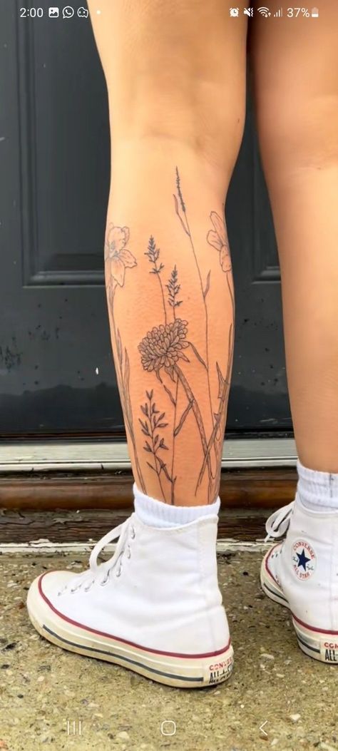 Flower Going Up Leg Tattoo, Flowers Wrapped Around Ankle Tattoo, Flower Tattoo On Shin, Flowers Calf Tattoo, Girly Thigh Tattoos Women, Flower Wrap Leg Tattoo, Flower Around Ankle Tattoo, Flowers Around Leg Tattoo, Flower Garden Tattoo Ankle